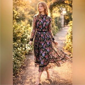MIKAEL AGHAL Floral Embroidered Lace Midi Dress 6 Romantic Feminine Designer